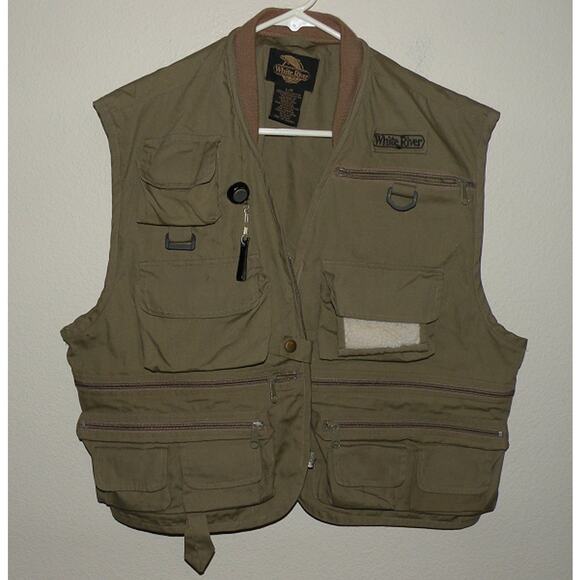 White River Fly Shop Men’s Large Fishing Vest Green 21 Zipper Hook/Loop Pockets - Picture 1 of 3